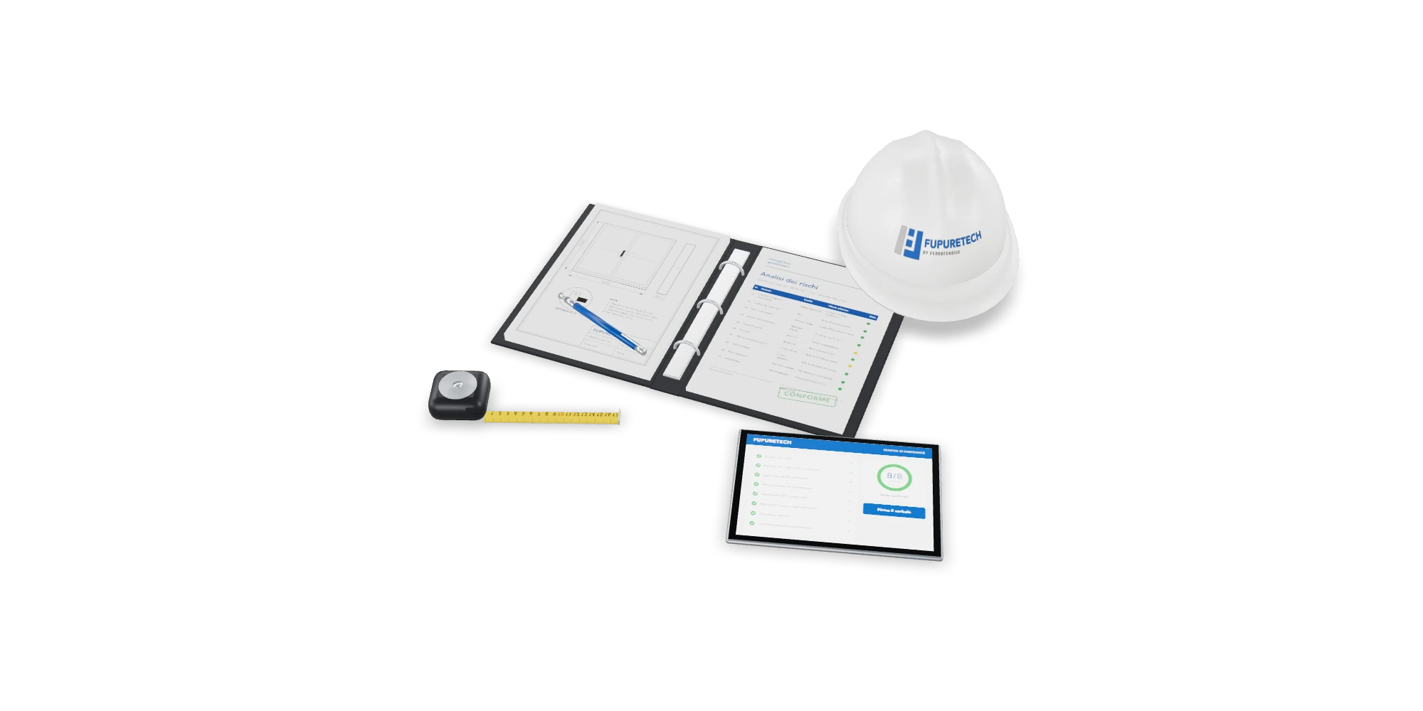 Kit del tecnico Fupuretech: casco bianco con il marchio, fascicolo tecnico aperto, tablet con la lista dei controlli, metro e penna