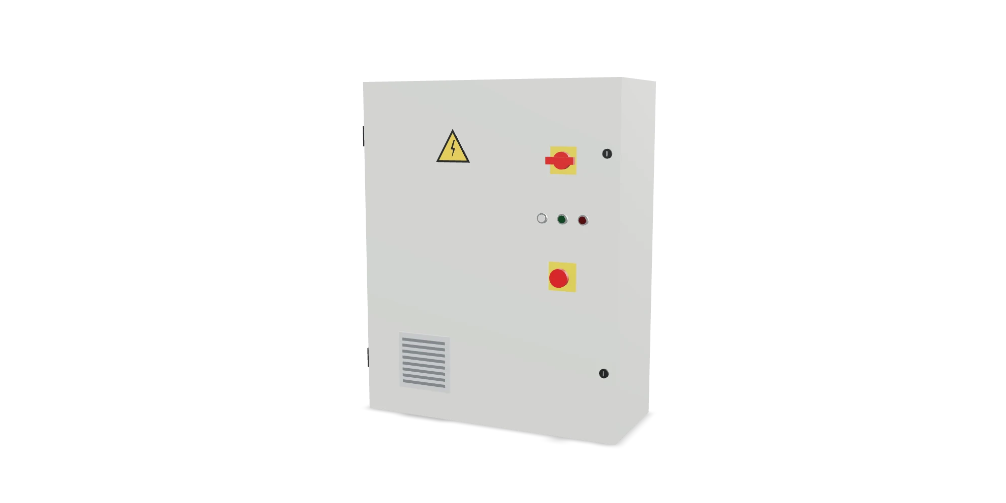 Quadro elettrico chiuso, grigio chiaro, con sezionatore rosso e giallo, spie e pulsante d'emergenza